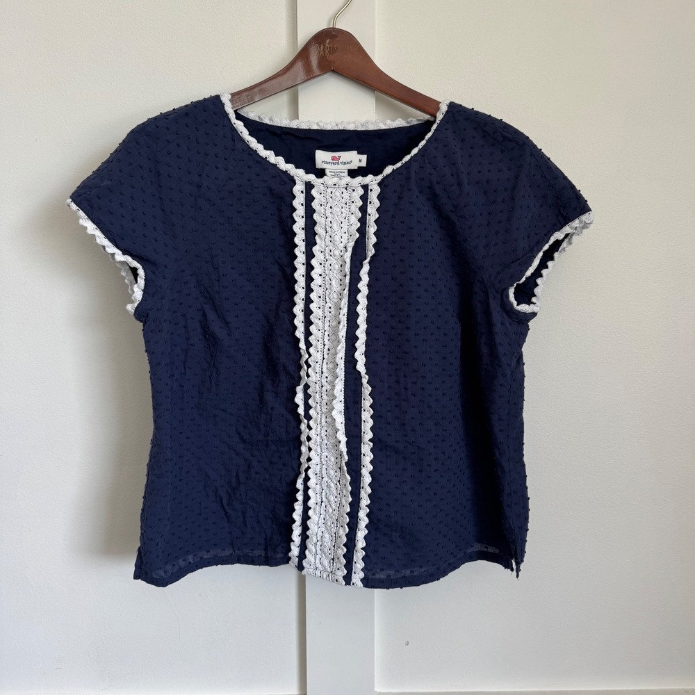 Vineyard Vines Swiss Dot Crochet Navy Summer Shirt Womens Sz M